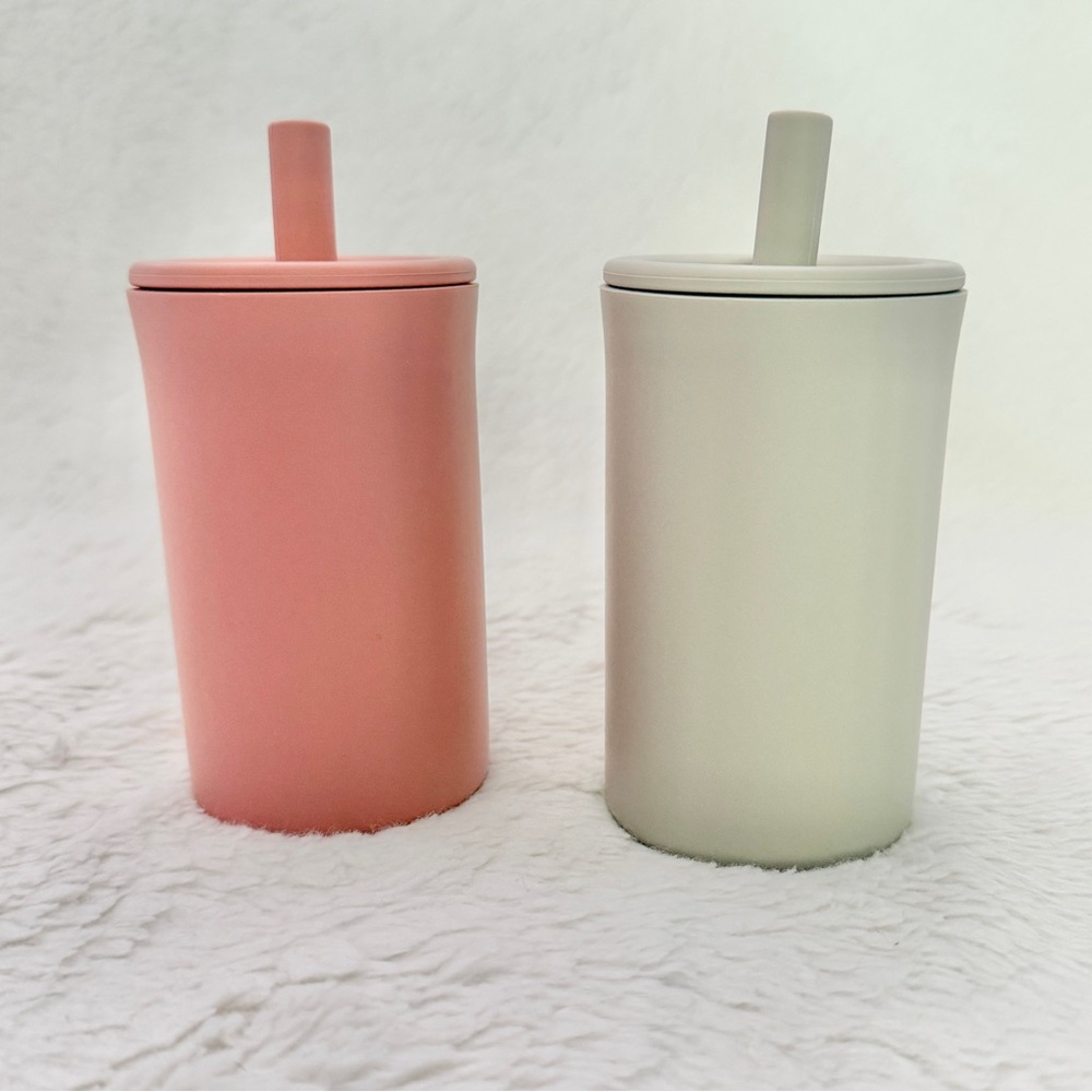 Topgomes Silicone Toddler Straw Cup 7oz Capacity Set of 2 Peach Pink Light Gray